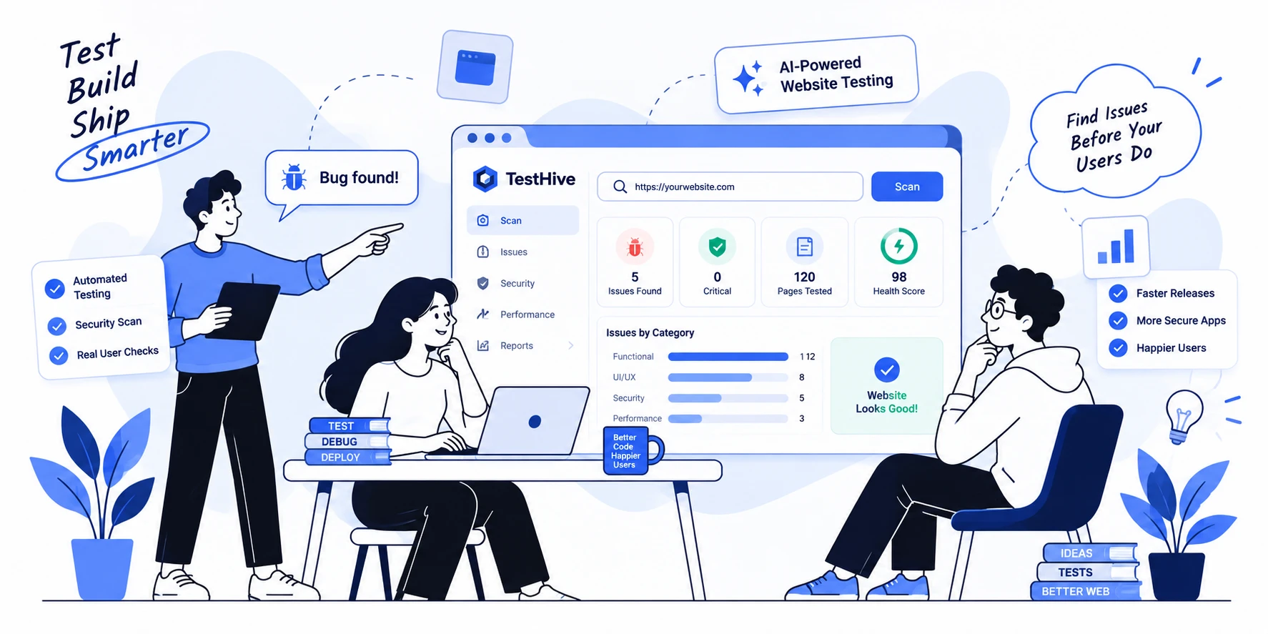 TestHive scanning a website: issues found, pages tested and a health score, with a team reviewing the results